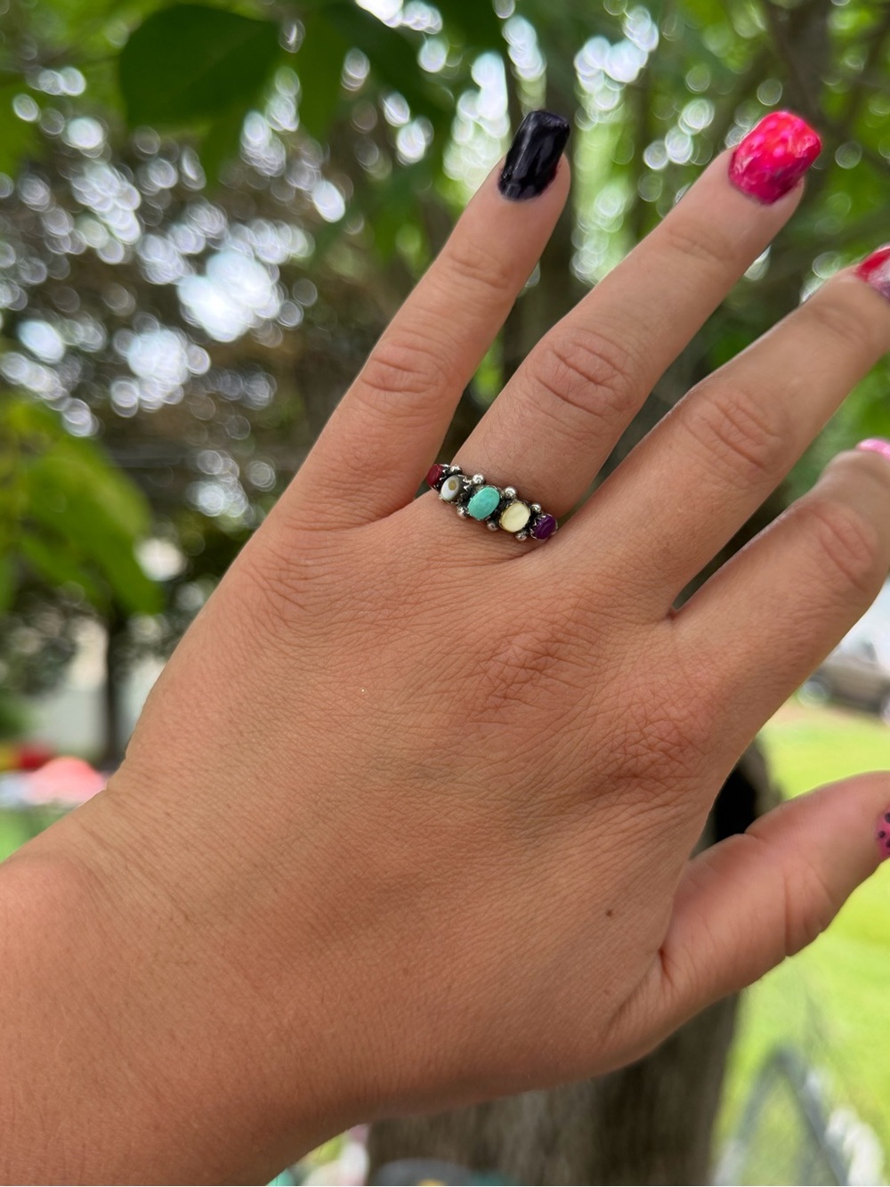 Sterling Silver 925 Multi Gemstone Ring Turquoise, Yellow, Purple, Red, Abalone - Picture 3 of 7